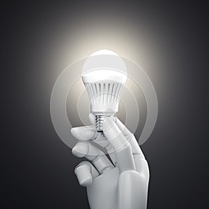 White robot hand with LED glowing bulb. 3d rendering