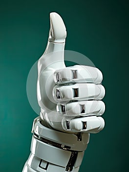 The white robot hand raises its thumb up. Generated by AI