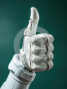 The white robot hand raises its thumb up. Generated by AI
