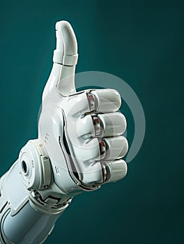 The white robot hand raises its thumb up. Generated by AI