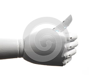 White robot hand thumb up isolated