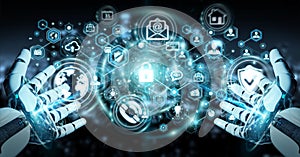 White robot hand using cyber security data interface 3D rendering