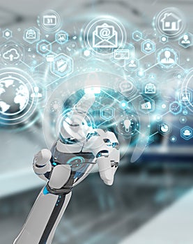 White robot hand using cyber security data interface 3D rendering