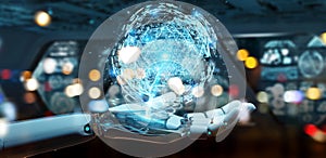 White robot hand using digital triangle exploding sphere hologram 3D rendering