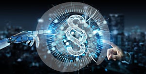 White robot hand using law paragraph digital hologram 3D rendering