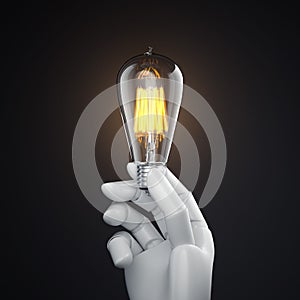 White robot hand with vintage glowing bulb. 3d rendering