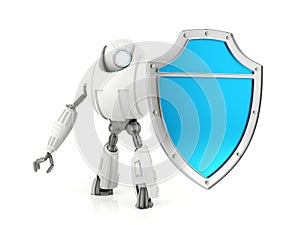White robot holding blue shield