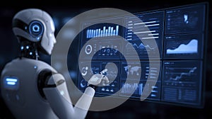 White Robot Interacting With Data Visualization