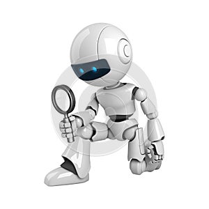 White robot with magnifying glass