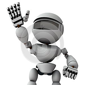 A white robot that raises his right hand. Call attention and try to stand out.