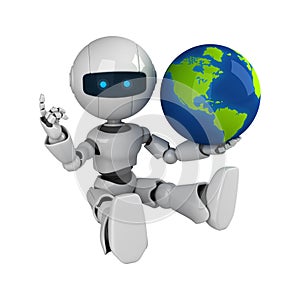 White robot sit with globe