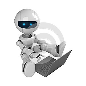 White robot sit with laptop