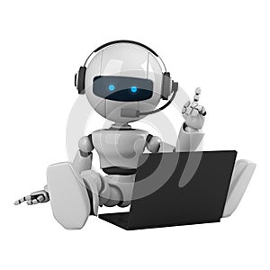 White robot sit with laptop and headphones