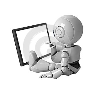 White robot sit with monitor