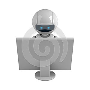 White robot sit with monitor