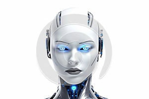 White robot with a smooth and polished exterior stands in the center of the image. Its blue eyes are the focal point of the image