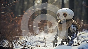 Winter Woods: A Futuristic Exoskeleton Robot In Dark Beige And Amber