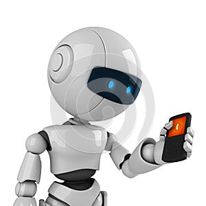 White robot stay with mobile phone
