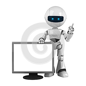 White robot stay with monitor