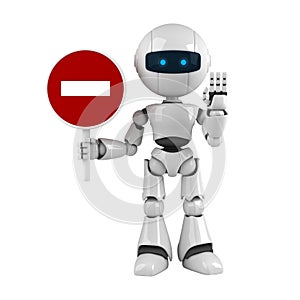 White robot stay with stop sign