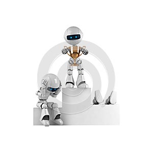 White robot stay with trophy