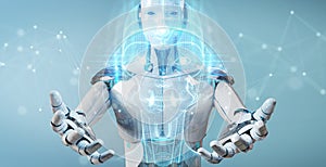 White robot  using digital artificial intelligence head interface 3D rendering