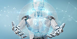 White robot  using digital artificial intelligence head interface 3D rendering