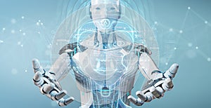White robot  using digital artificial intelligence head interface 3D rendering