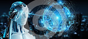 White robot using digital triangle exploding sphere hologram 3D