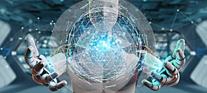 White robot using digital triangle exploding sphere hologram 3D