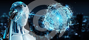 White robot using digital triangle exploding sphere hologram 3D