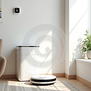 White robot vacuum cleaner is sitting on a rug in front of a window