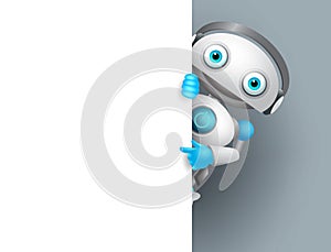 White robot vector character holding empty white board for presentation