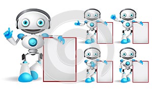 White robot vector character set standing while holding empty white board