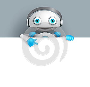 White robot vector character showing empty white board for text