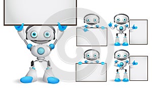 White robot vector characters set standing and holding empty blank white board