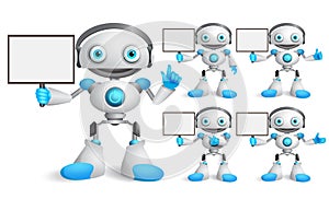 White robot vector characters set talking while holding empty placard
