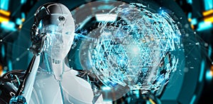White robot woman using digital triangle exploding sphere hologram 3D rendering