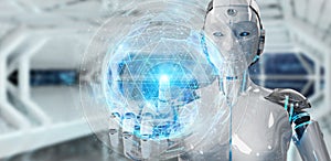 White robot woman using digital sphere connection hologram 3D re