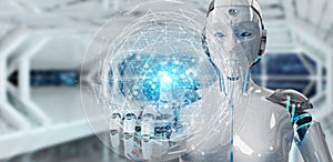 White robot woman using digital triangle exploding sphere hologram 3D rendering