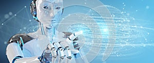 White robot woman using digital triangle exploding sphere hologram 3D rendering
