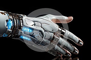 A white robotic prosthetic hand. Future technology. Generative AI.