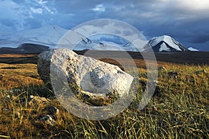 White rock in the background of lake, Plateau Ukok