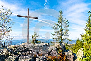 White Rock, Czech: Bila skala, rocky summit with wooden cross near Prichovice, Czech Republic