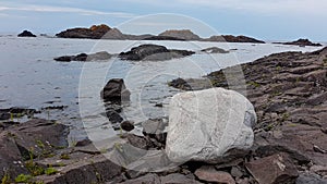 White rock on the rocky coastline of the Lake Superior