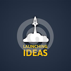 White rocket and cloud, icon in flat style isolated on dark background, vector illustration