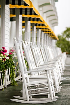 White Rocking Chairs on Long Porch