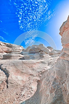 White rocks of Sarakiniko beach, Aegean sea, Milos island , Greece. No people, empty cliffs, summer sunshine, lunar