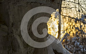 White, rocky wall of the gorge with snow. Sunset over the forest.