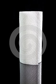 A white roll of paper towels stands on a black background. Vertical orientation.